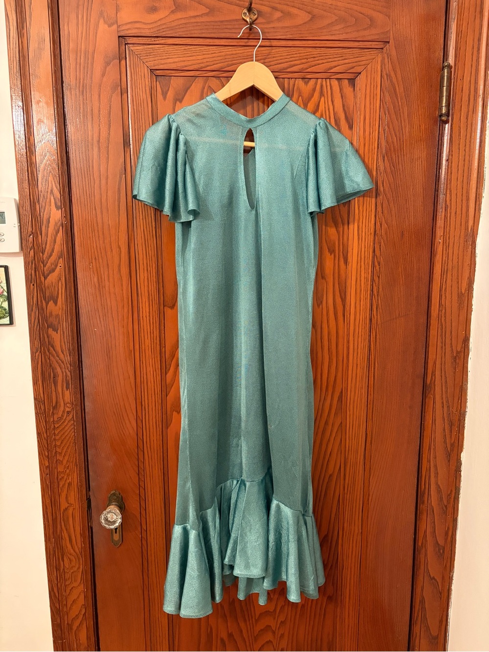 Elegant vintage Teal Ruffle-Hem Women's Dress